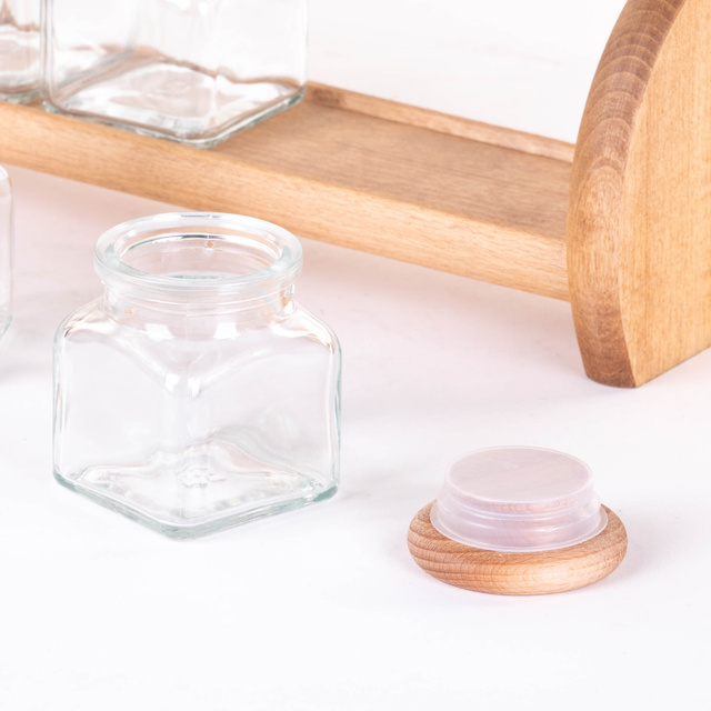 Raft din lemn pentru condimente cu recipiente din sticlă, 32,8 x 6,7 x 12,2 cm