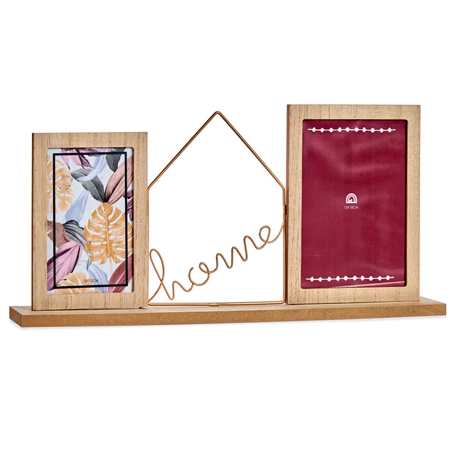 Rama foto din lemn pentru 2 fotografii cu inscriptie decorativa HOME, 46 x 6 x 21,5 cm
