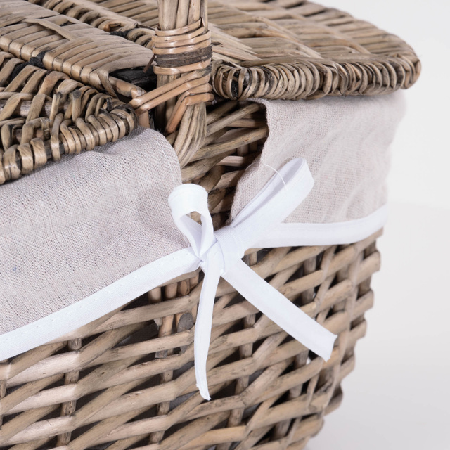 Cos de picnic din rachita cu capac si captuseala din material textil, 40 x 28 cm