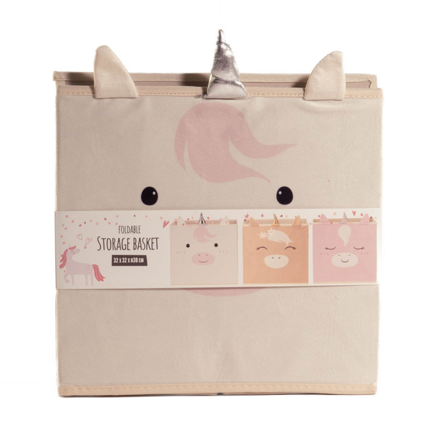 Cutie textila pentru jucarii cu unicorn cu corn si urechi, 32 x 32 x 30 cm