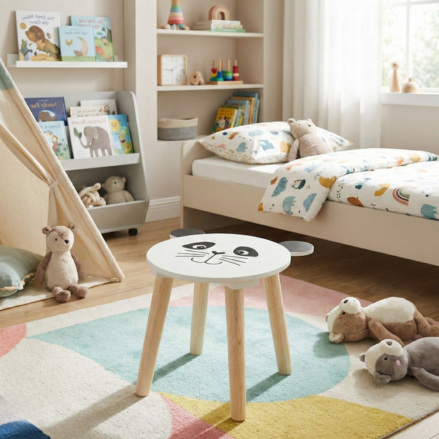 Scaunel din lemn pentru copii SAFARI cu motiv de animale, 28 cm, panda