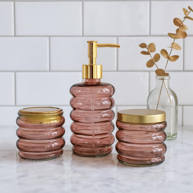 Set de baie HUM, dozator din sticlă, cană, recipient, 3 elemente, roz