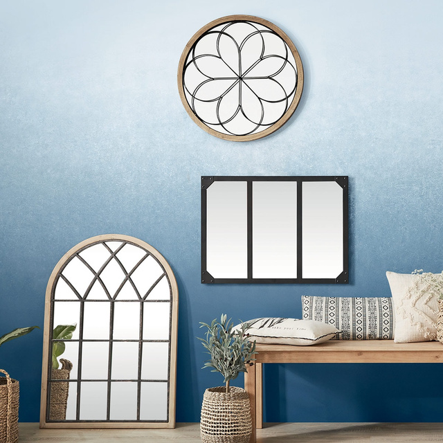 Oglinda rotunda din lemn, Ø 64 cm, cu decor metalic