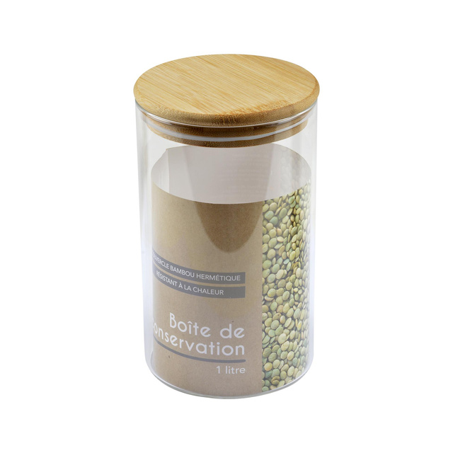 Recipient din sticlă cu capac din bambus, 1 litru