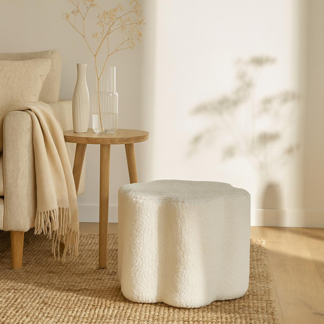 Puf floare YORE, tapițerie miel, 34 x 34 x 29 cm, alb