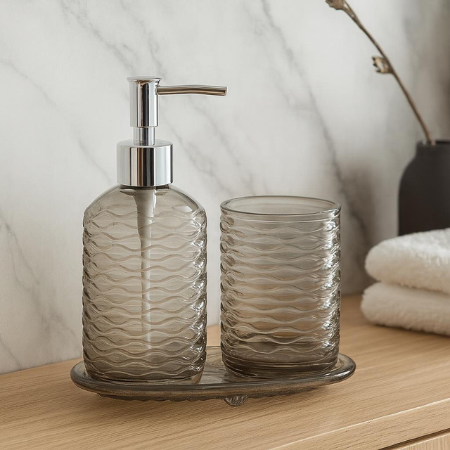 Set de baie NODE, dozator, pahar pentru periuțe de dinți și suport pentru săpun, 3 elemente, taupe