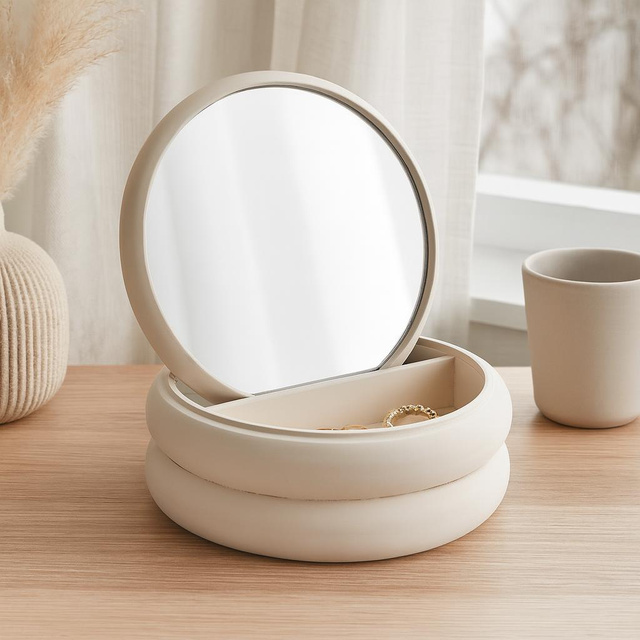 Cutie pentru bijuterii cu oglindă, 17,5 x 17,5 x 9 cm, ecru