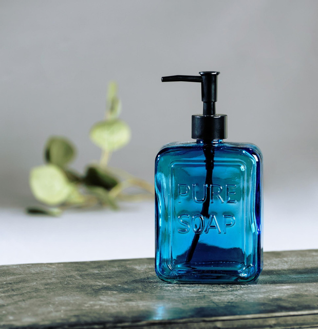 Distribuitor de sapun lichid PURE, sticla albastra, 550 ml, Wenko