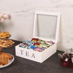 Cutie de ceai din lemn TEA, 9 compartimente, albă