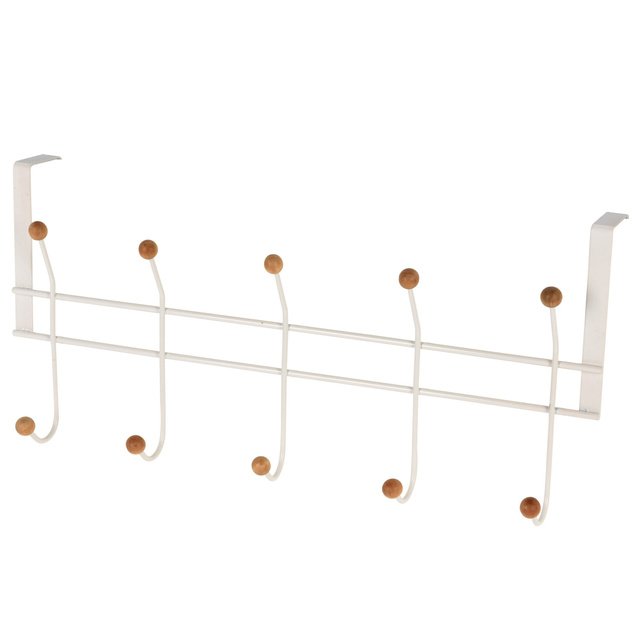 Cuier de usa alb, cu 10 carlige cu bile din lemn, 48 x 21 x 12 cm