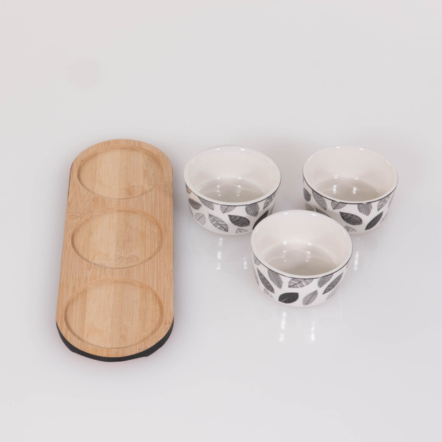 Set pentru servirea gustărilor: tavă și 3 vase de porțelan, Ø 10 cm