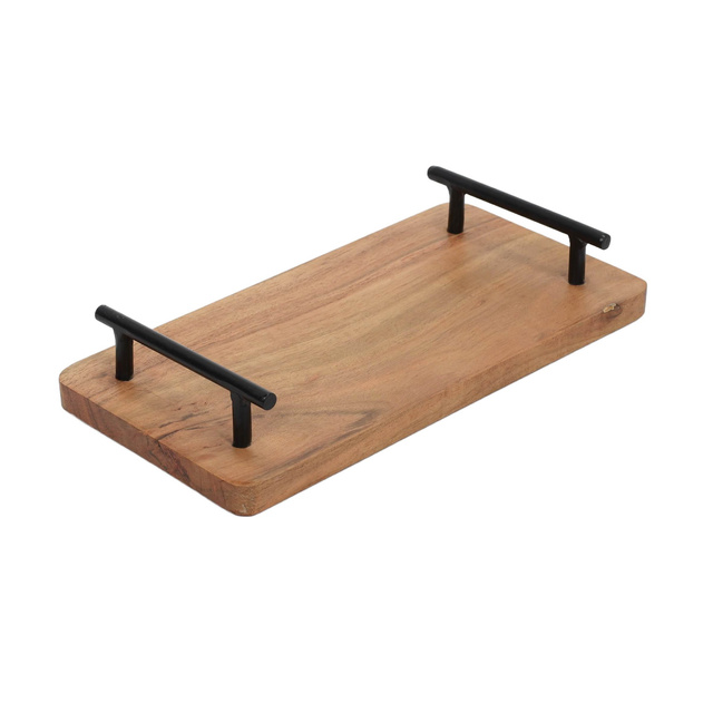 Tavă de servire din lemn de acacia cu mânere metalice, 30 x 15 x 5 cm