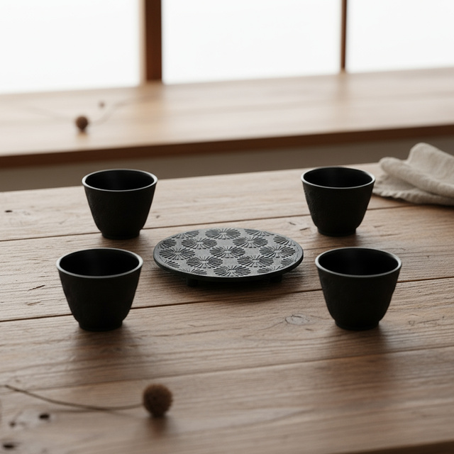 Căldare din fontă cu cești și suport KOGA, 1200 ml, negru