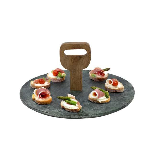 Tava de servire din marmura, Ø 30 cm, suport din lemn