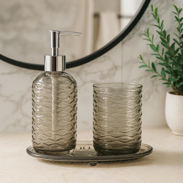 Set de baie NODE, dozator, pahar pentru periuțe de dinți și suport pentru săpun, 3 elemente, taupe