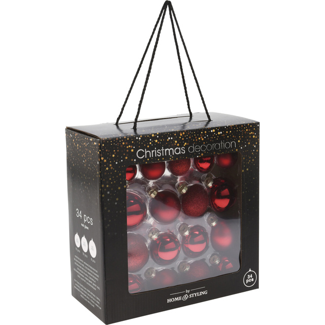 Globuri de sticlă pentru brad în diferite dimensiuni, roșii, 34 buc.