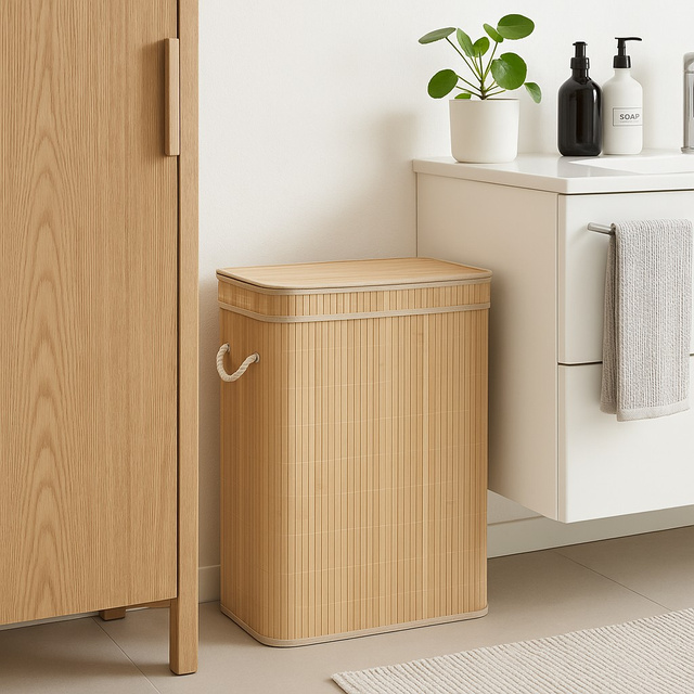 Coș de rufe din bambus cu capac, 80 l