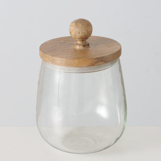 Borcan din sticla Varuf cu capac din lemn de mango, 12 cm