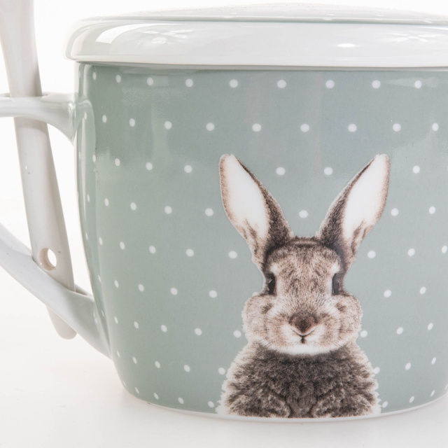 Cana cu capac si lingurita Fluffy, din portelan, iepuras, 600 ml