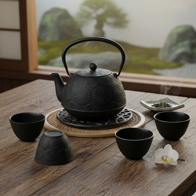 Căldare din fontă cu cești și suport KOGA, 1200 ml, negru