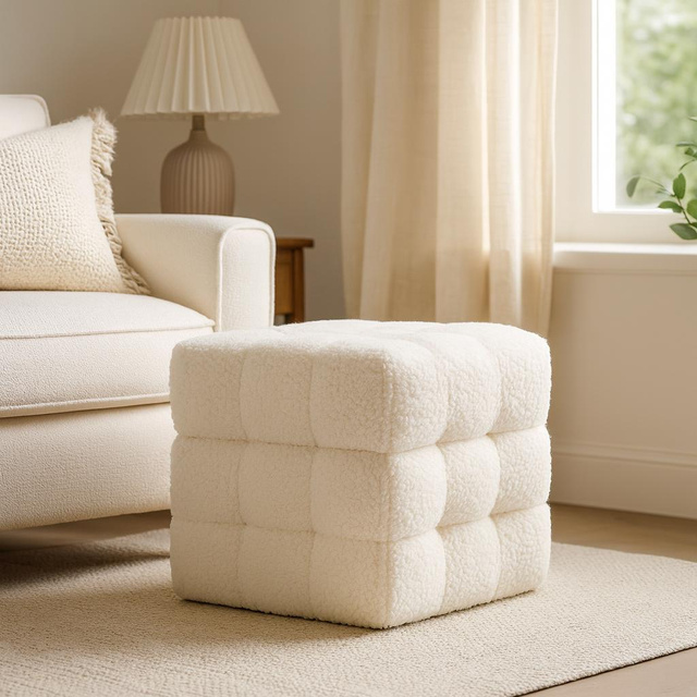 Pufă cu compartiment cub SQUARE, tapițerie de miel, 38 x 38 x 37 cm, albă