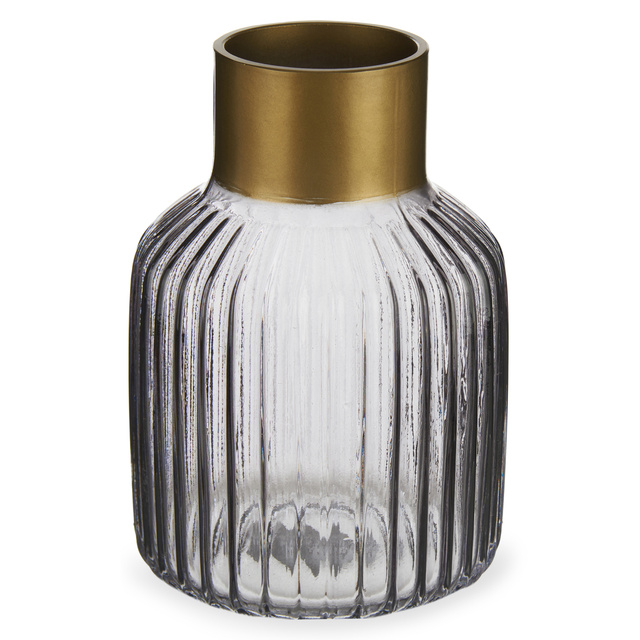 Vaza din sticla canelata cu decor auriu, inaltime 18 cm