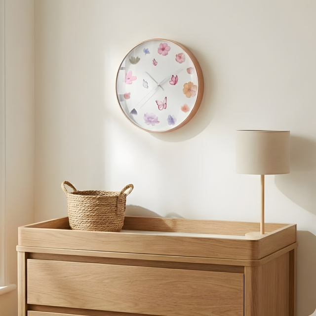 Ceas de perete cu motiv floral, Ø 30 cm, roz