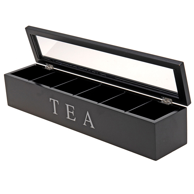Cutie pentru ceai din lemn, dreptunghiulara, 6 compartimente, negru