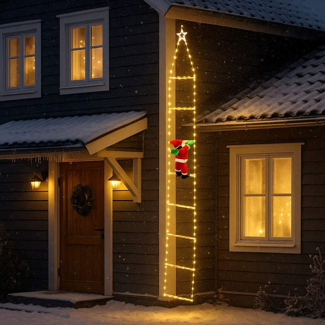 Decorațiune de Crăciun, 124 LED, Moș Crăciun pe scară, 2 m, auriu