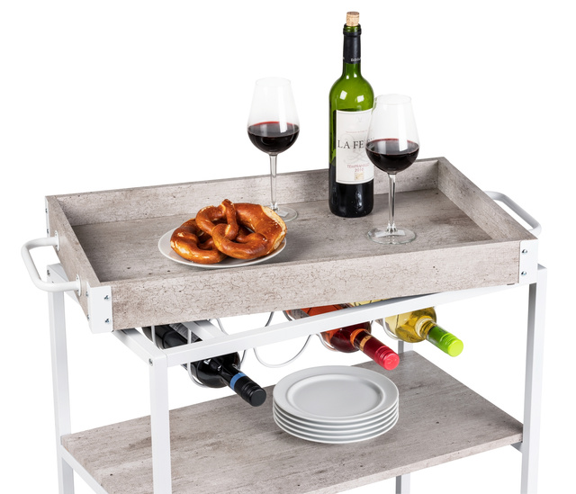 Cărucior de bucătărie RUSTICO, etajera pe trei niveluri pe roți cu suporturi pentru sticle și pahare - 80 x 89,5 x 40 cm, WENKO