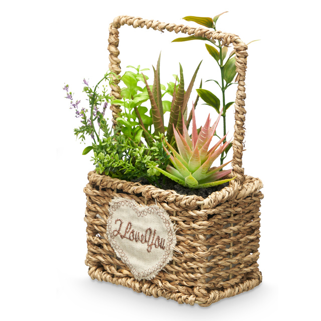 Suculente artificiale în coș împletit LOVE, 12 x 21 cm