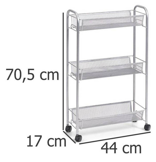 Organizator mobil multifuncțional pentru bucătărie sau baie, 3 rafturi plasă, 4 roți, material metalic, ZELLER