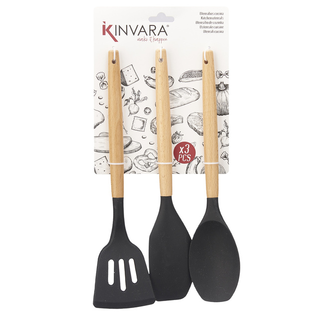 Set 3 spatule de bucătărie din silicon cu mânere din lemn.