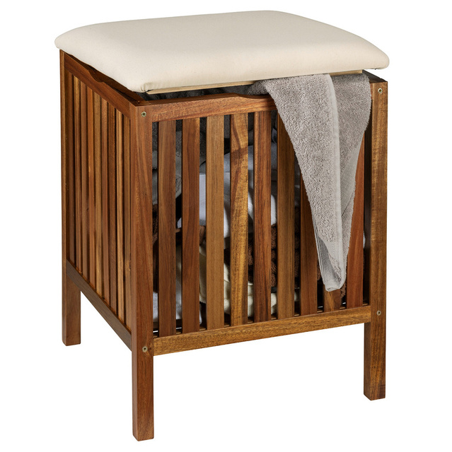 Bancă de baie din lemn cu coș FONDI, înălțime 52 cm