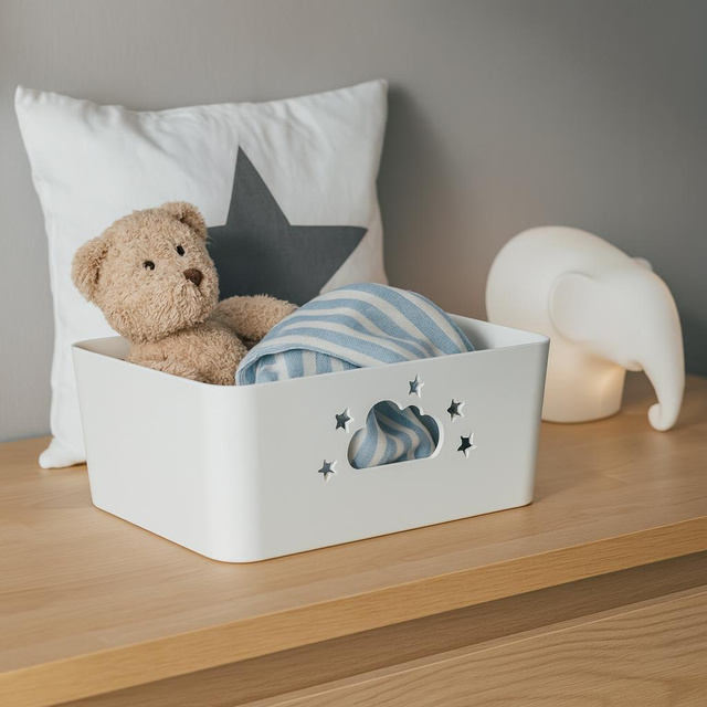 Coș de depozitare NEBULA cu mânere în formă de norișor și stea, înălțime 11 cm, alb