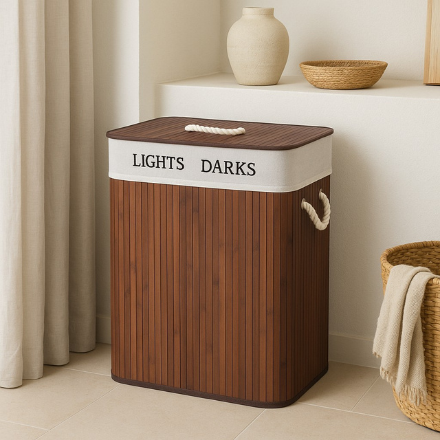 Coș de rufe cu două compartimente, cu sac detașabil, bambus, 100 l