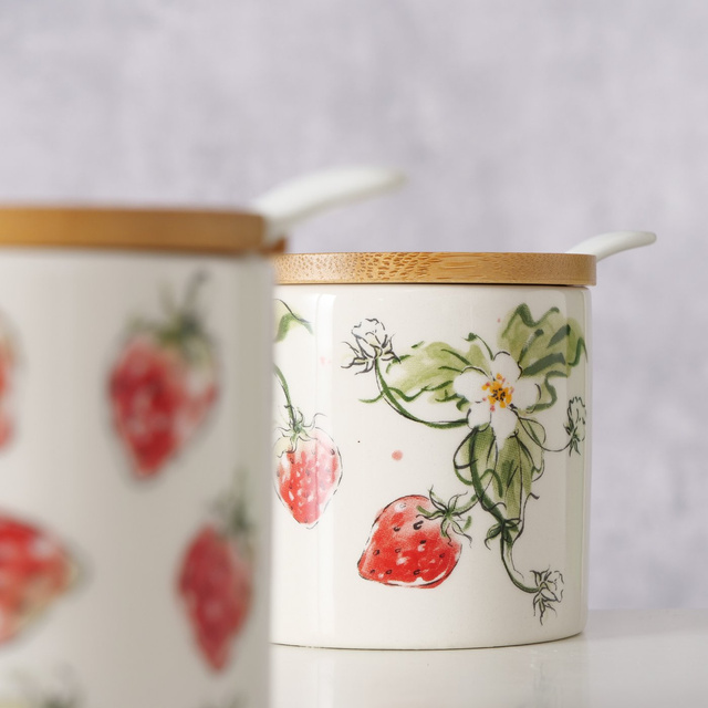 Recipient ceramic cu lingura si capac din bambus, CAPSUNI