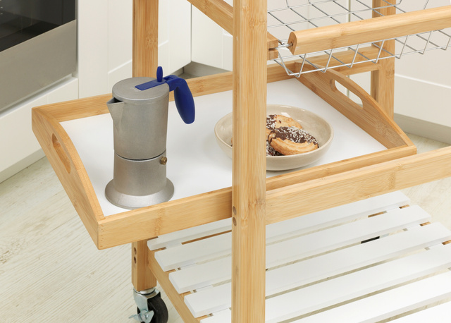 Cărucior de bucătărie pe roți FINJA, lemn de bambus si MDF, Alb, WENKO