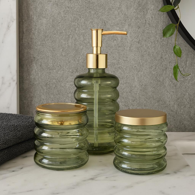 Set de baie HUM, dozator din sticlă, cană, recipient, 3 elemente, verde