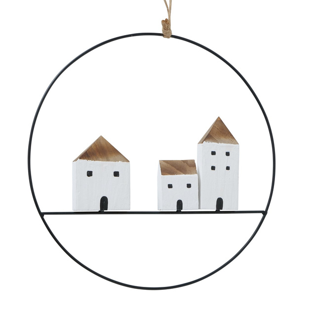 Decor de perete cu case din lemn, GOTAN, Ø 28 cm
