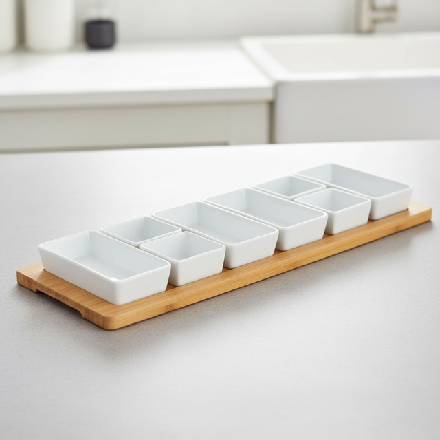 Boluri din porțelan pentru gustări AION, 9 elemente pe un suport din bambus