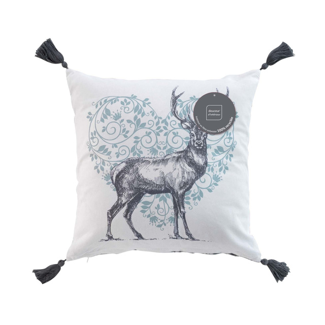 Perna decorativa cu print si ciucuri, 40 x 40 cm, bumbac