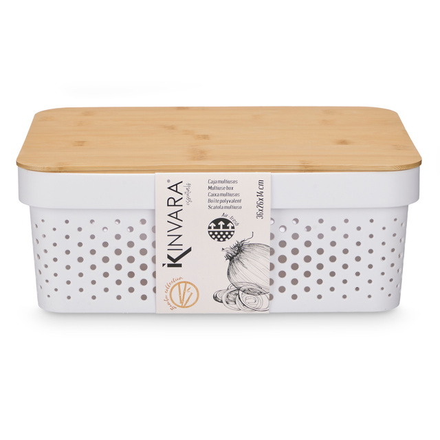 Recipient din plastic cu capac din bambus, 36 x 26 x 14 cm