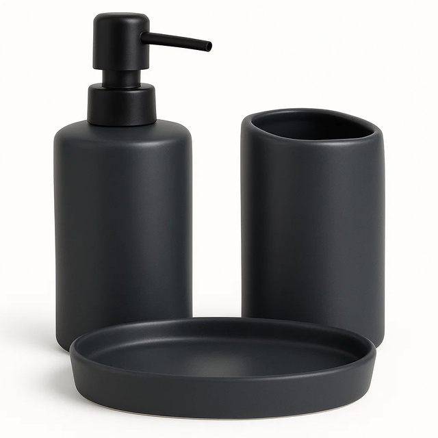 Set de baie PLY, dozator ceramic, cană și tavă, negru
