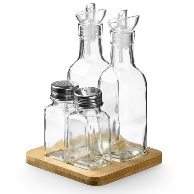 Set de condimente și ulei cu suport din lemn, 4 elemente