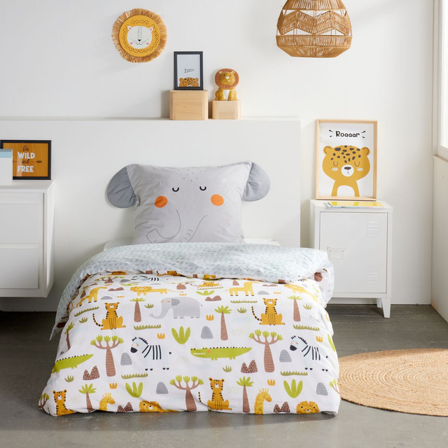 Lenjerie de pat pentru copii 140x200 cm LAZY MORNING, din bumbac, cu față de pernă cu urechi, elefant.