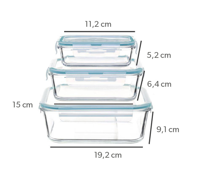 Set de recipiente din sticlă pentru alimente 530 ml, 800 ml, 1800 ml, transparent