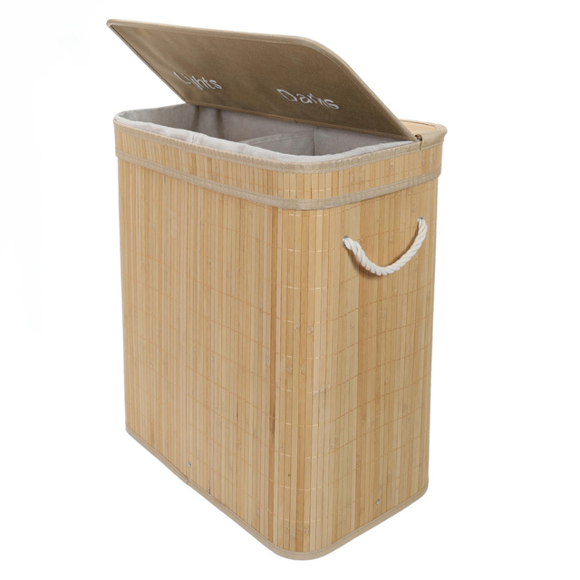 Coș de rufe din bambus, cu două compartimente, 100 l
