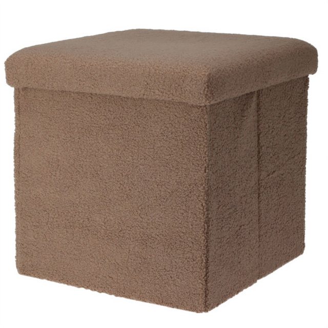 Taburet bouclé cu spațiu de depozitare BINI, 38 x 38 x 38 cm