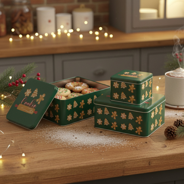 Containere metalice pentru biscuiți, 3 bucăți, verde